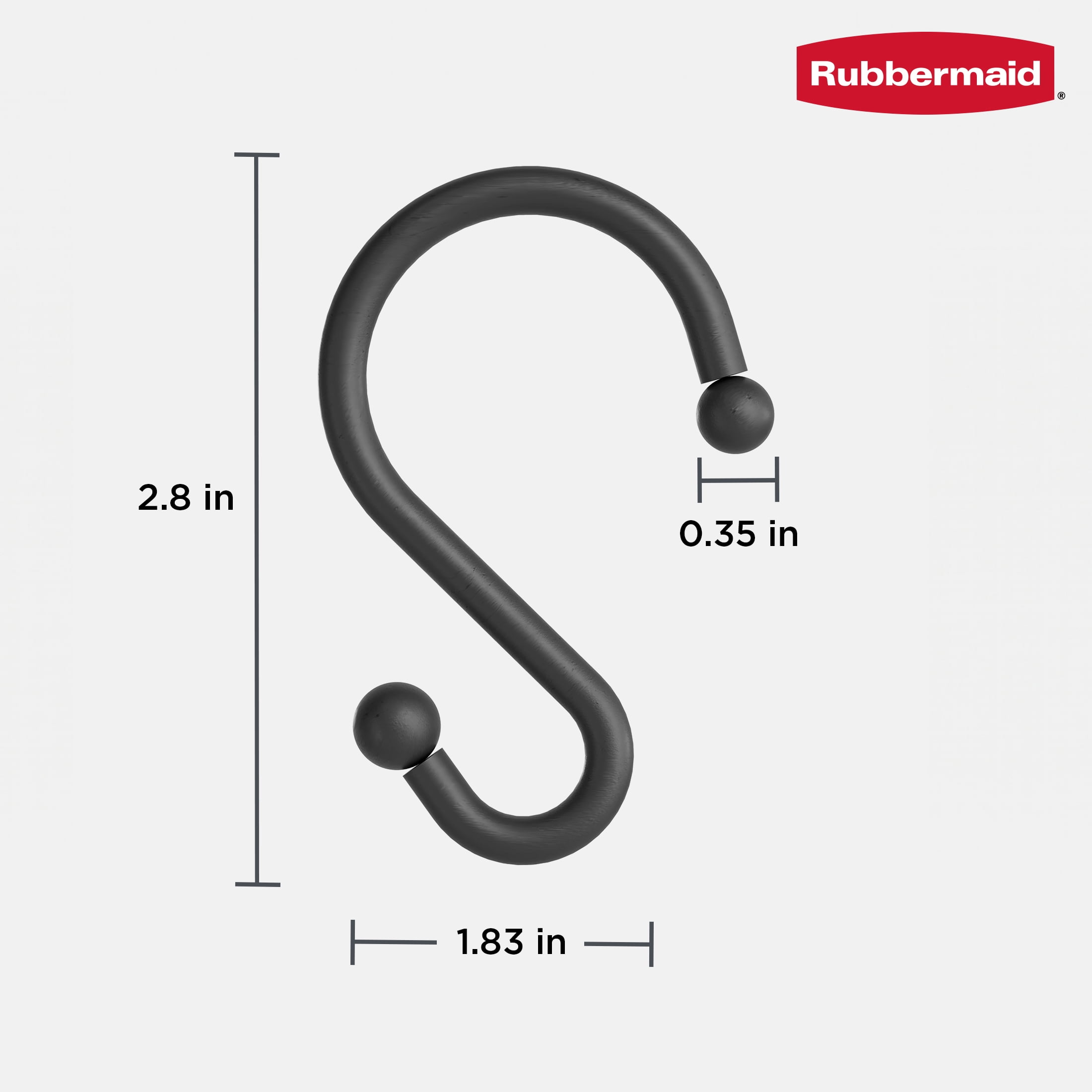 Rubbermaid Rustproof Stainless Steel S-Shaped Shower Hooks, Matte Black, Set of 12
