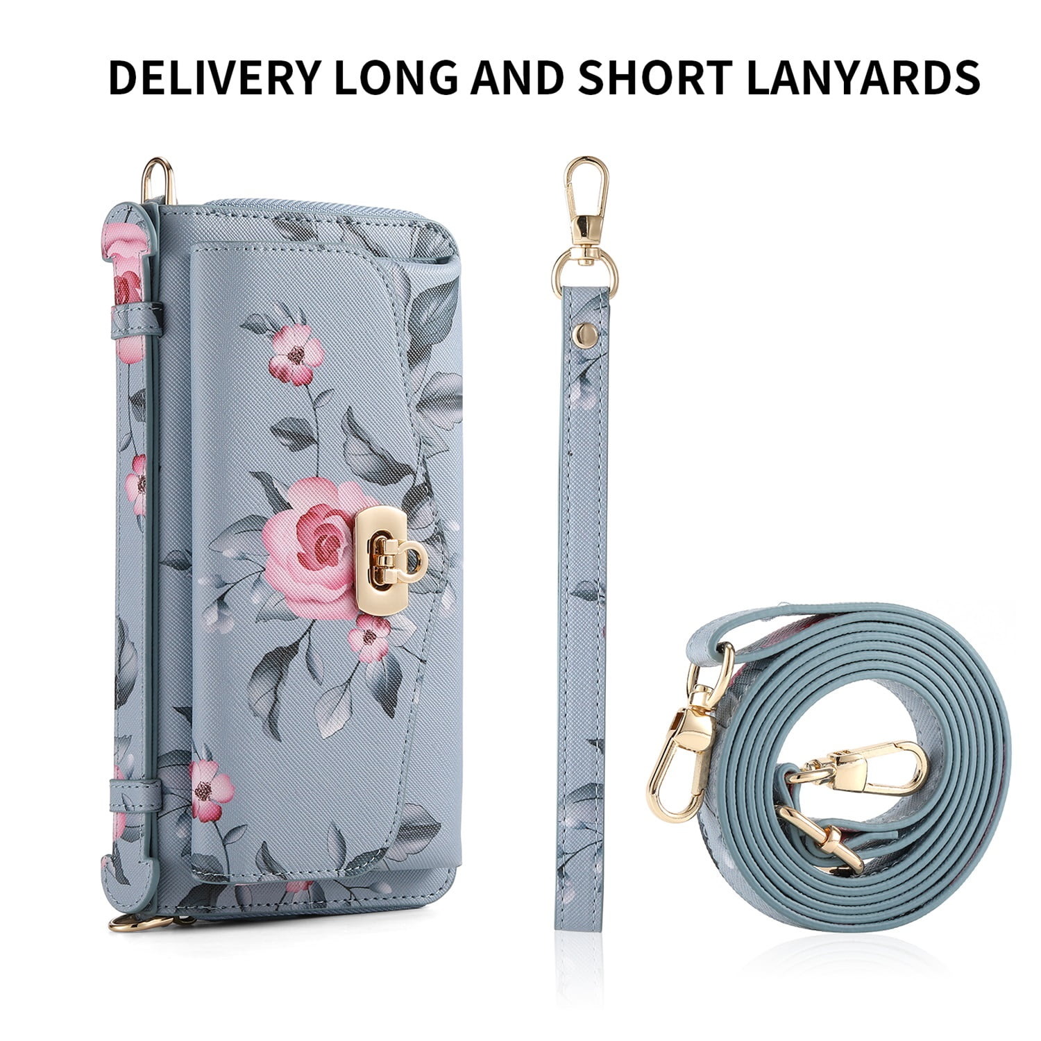 SaniMore Magnetic Detachable Wallet Case for iPhone 13 Pro Max, Flower Pattern RFID Blocking Cover Support Wireless Charging Card Slot Shoulder & Wrist Strap 360° Full Protective Shell, Grey