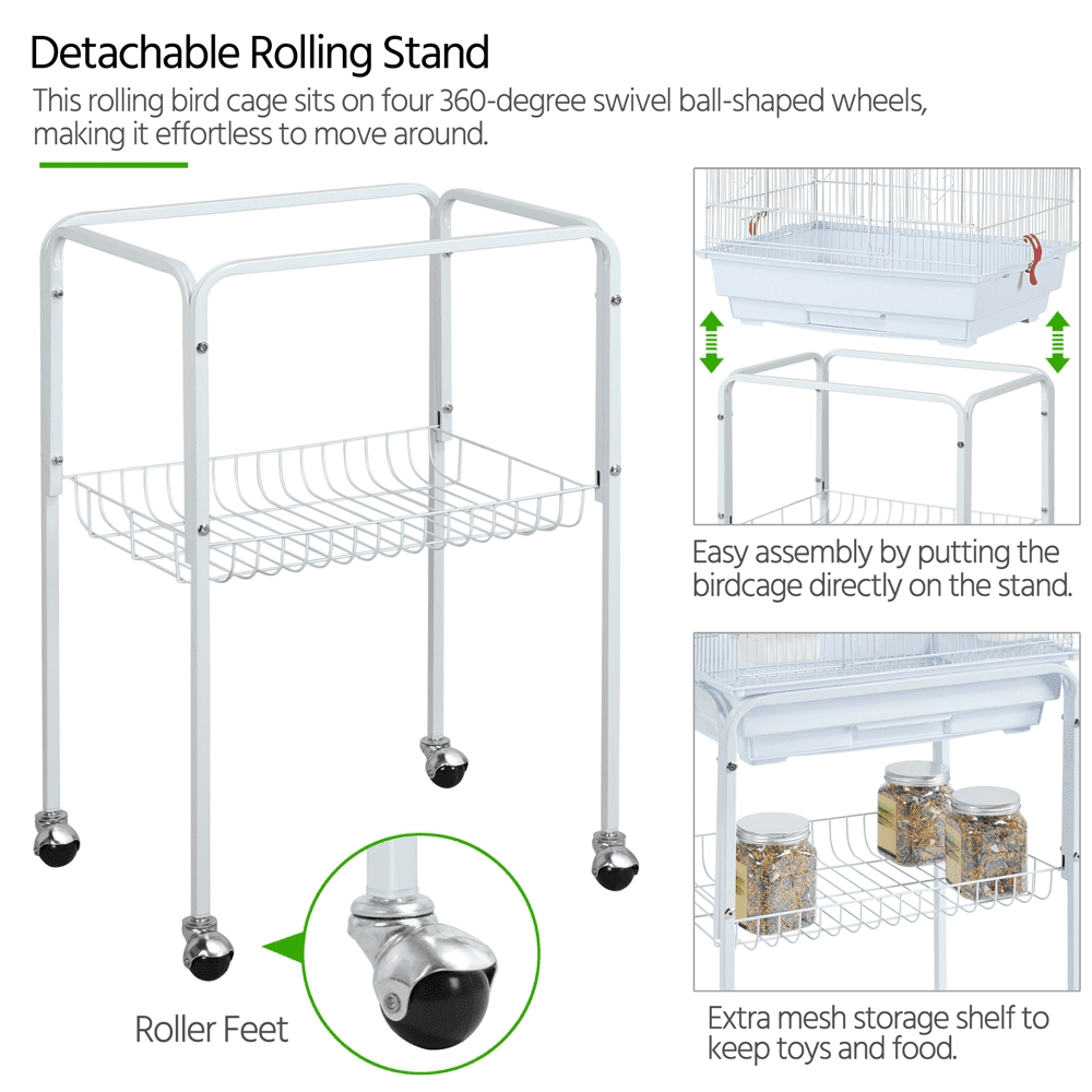 Yaheetech 62.4"H Rolling Metal Birdcage Parrot Cage with Detachable Stand, White