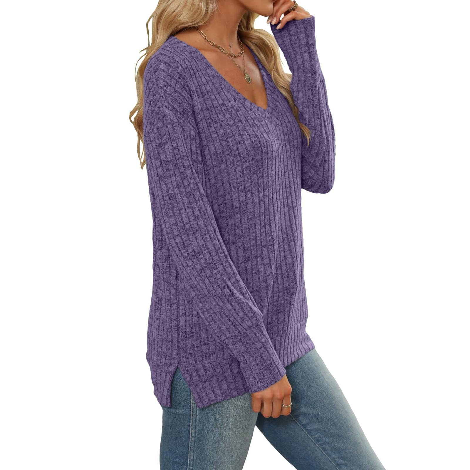 BXINGOHAI Womens V Neck Sweaters Solid Long Sleeve Pullover