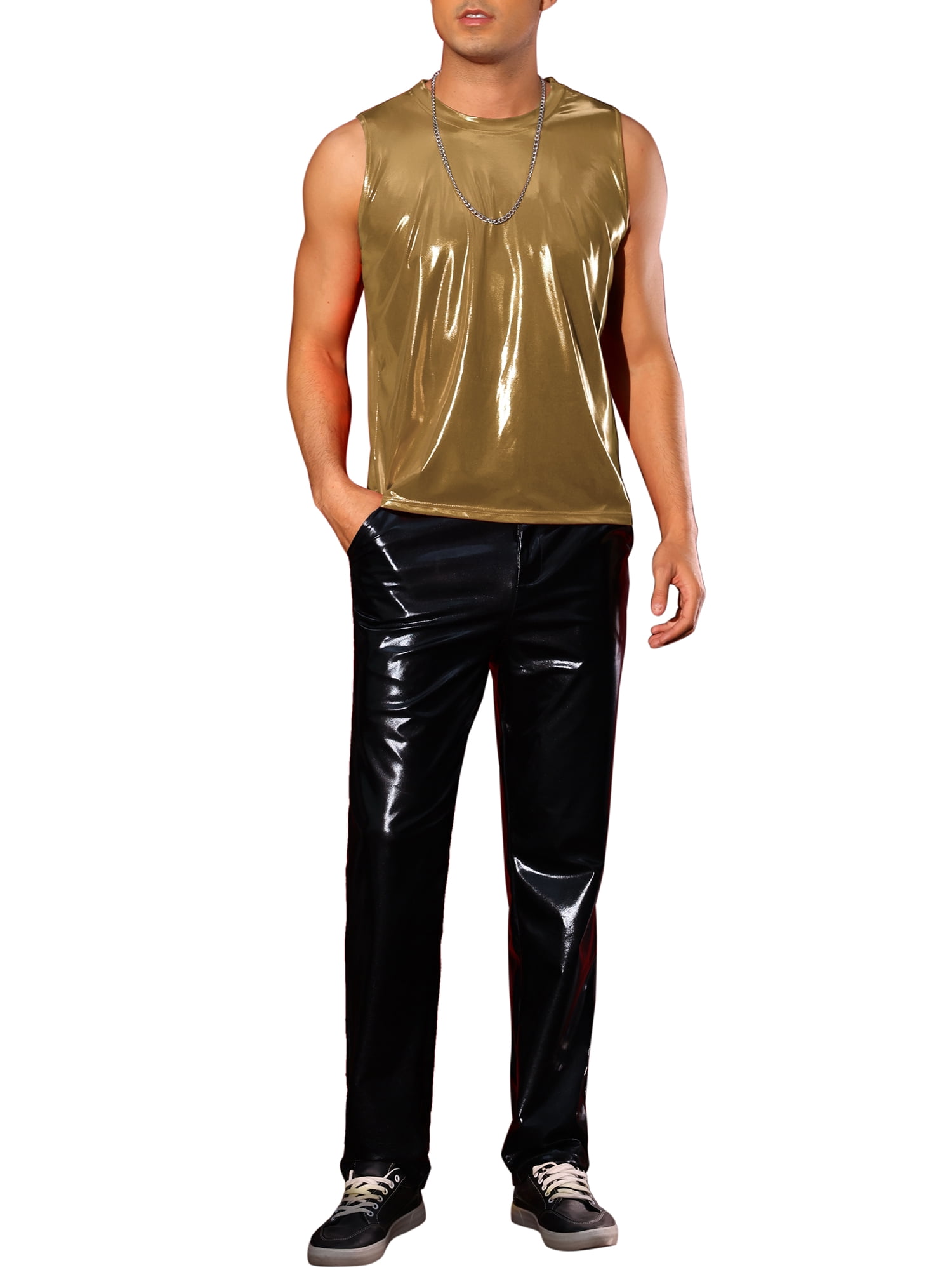 INSPIRE CHIC Metallic Tank Tops for Men's Holographic Sleeveless T-Shirt Disco Party Shiny Vest 2XL Golden