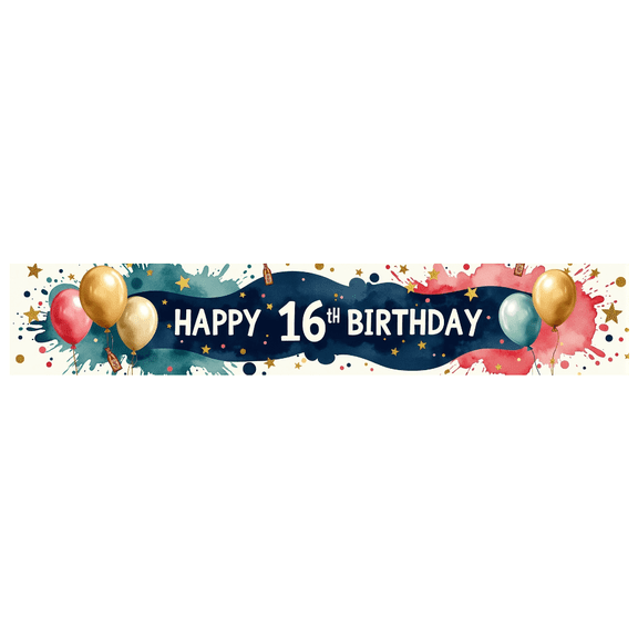 Happy 16th Birthday Themed Background Banner with Balloons Stars and Cakes for Birthday Party Decorations Photography Props Party Supplies Decor Backdrop