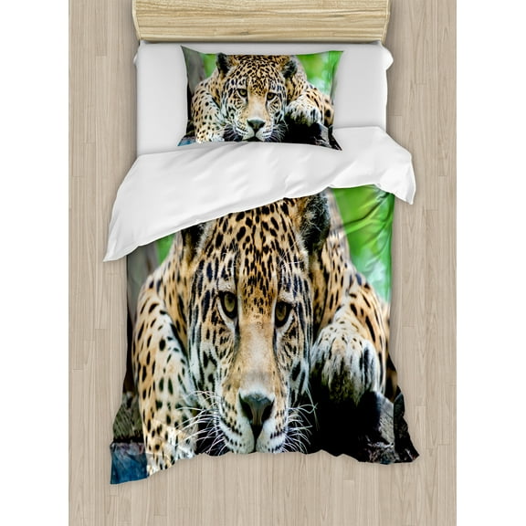 Jungle Duvet Cover Set, South American Jaguar Wild Animal Carnivore Endangered Feline Savannah Image, Decorative 2 Piece Bedding Set with 1 Pillow Shams, Twin Size, Orange Black Green, by Ambesonne