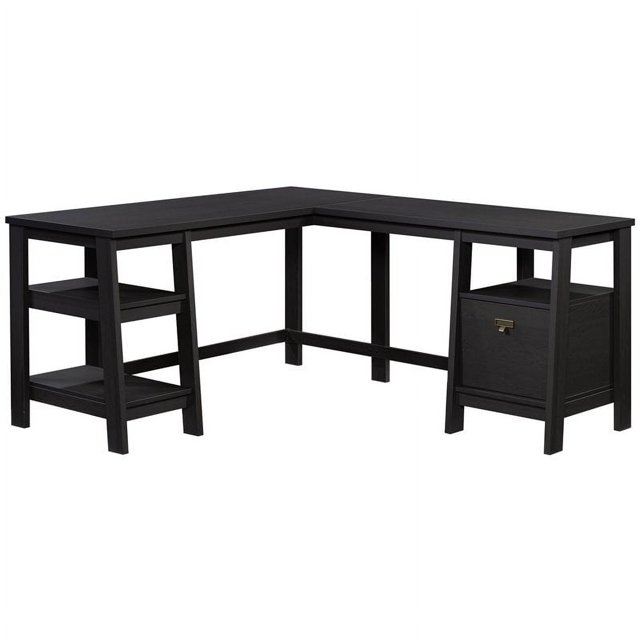 Sauder Trestle Transitional Wooden L-Shaped Writing Desk in Raven Oak