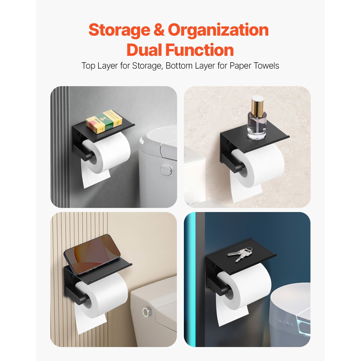 2-in-1 Toilet Paper Holder with Shelf, SUS304 Stainless Steel Wall Mount Tissue Roll Holder Fits Mega Rolls, Anti-Fall Design, Adhesive & Screw Two Installation Ways for Bathroom Kitchen
