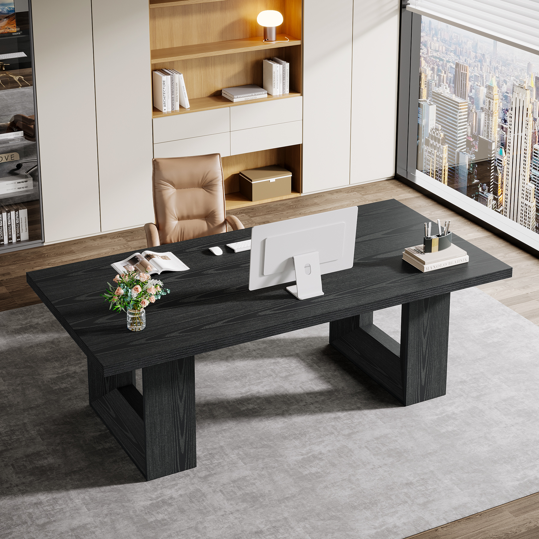 Finmind Large Executive Desk, 62.99-inch Home Office Desk, Rectangular Computer Table for Home Office, Study Room, Black
