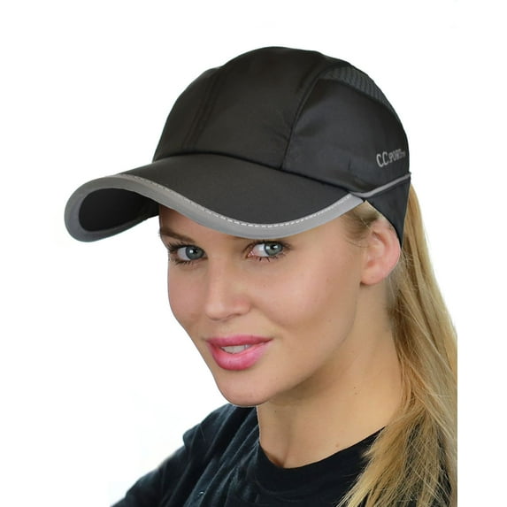 C.C Ponycap Messy High Bun Ponytail Water Resistant Adjustable Mesh Reflective Sporty Baseball Cap, Black