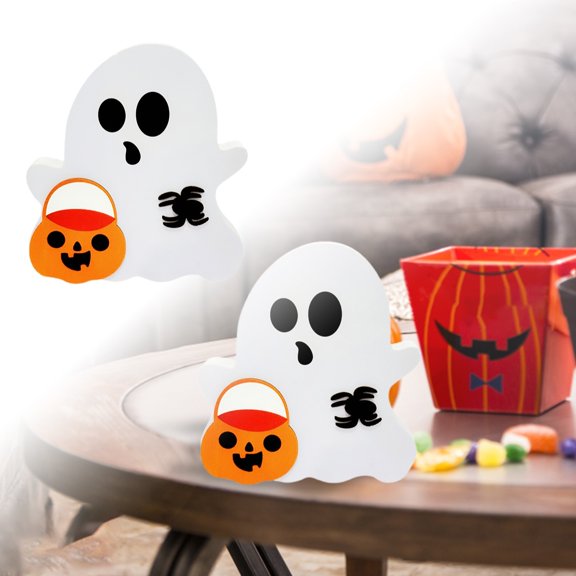FEISHENTT Trick or Treat Ghost Wooden Decoration, Halloween Ghost with Pumpkin Bucket Decor