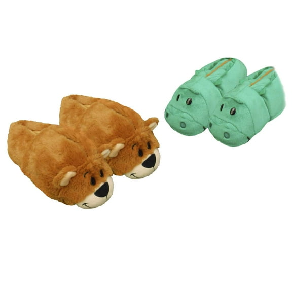 Flipazoo Toddler Boys Reverisble Animal Slippers Gator & Grizzly Bear S(10-11)