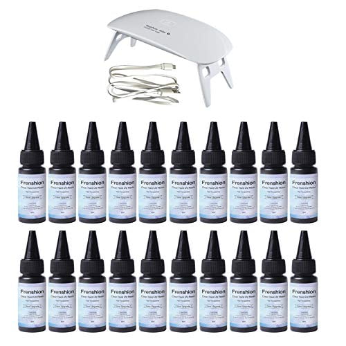 Lampe en Résine UV Incluse - 20 Pcs 30 ml Mise à Niveau, Polymérisation Rapide en une Minute! Résine Époxy Claire Cristal de Type Dur, Colle UV Polymérisation Ultraviolette, Résine Activée par la Lumière du Soleil à Polymérisation Solaire pour Fabrication de Bijoux