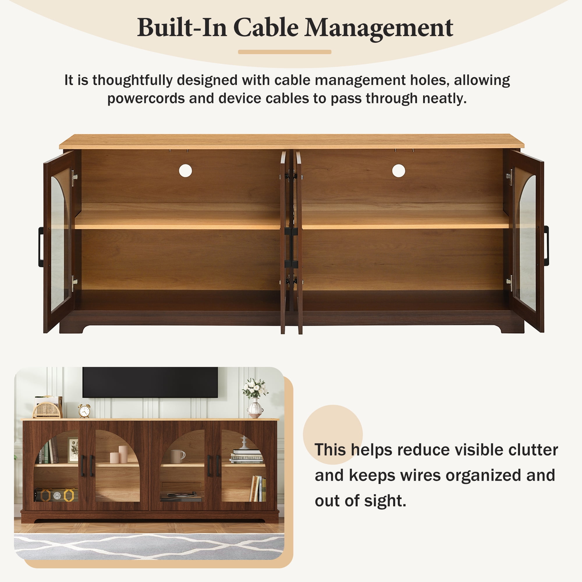 Miniyam Farmhouse TV Stand for TVs up to 70″ - Semi-Arched Glass Door Media Console with Adjustable Shelves & Cable Management, Walnut