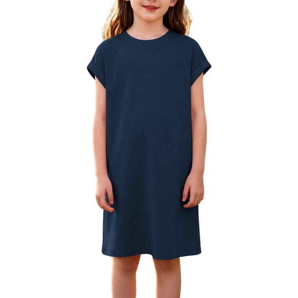 Vestido de Primavera de Niña Vestidos Sueltos Casuales con Bolsillos para 5-14 Años Vestido de Verano de Manga Corta Estirable Suave Y Cómodo para las Vacaciones Escolares