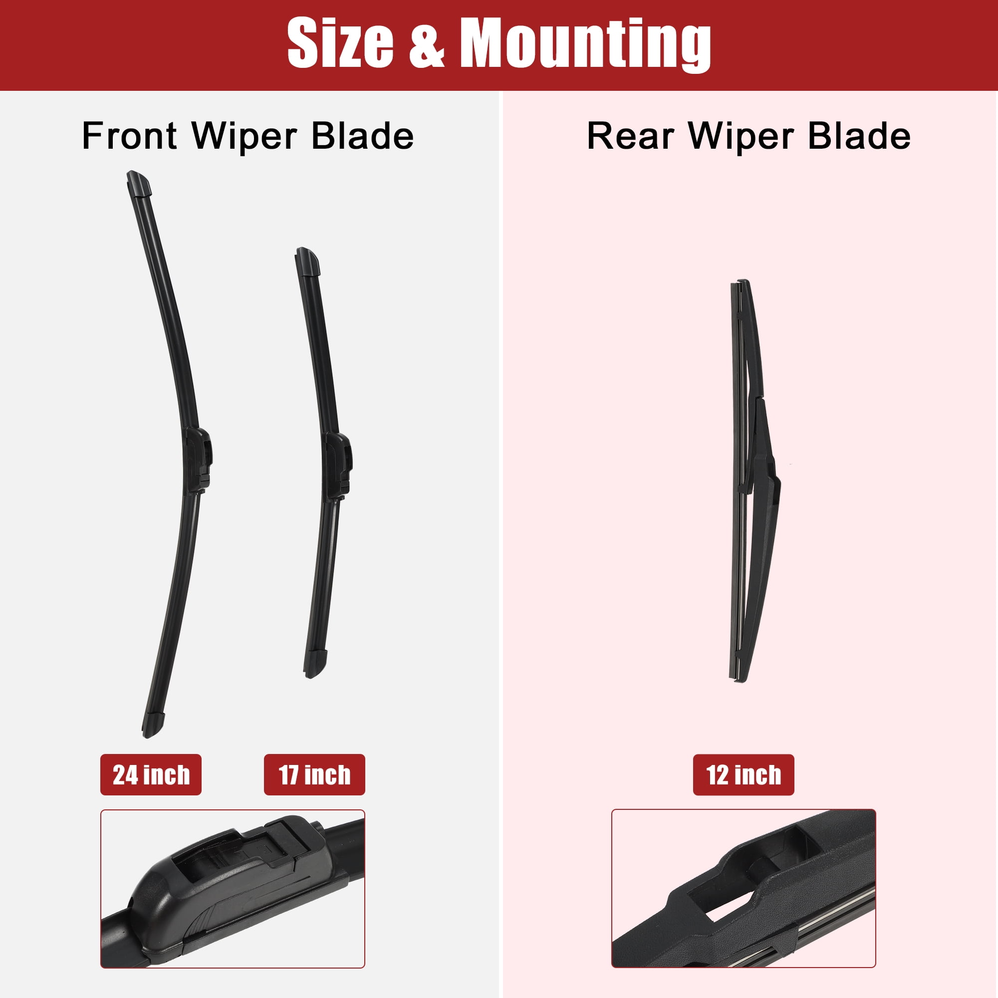 Unique Bargains 3 Pcs 24" 17" 12" Front Rear Windshield Wiper Blade Set Fit for Toyota RAV4 with J / U Hook Black