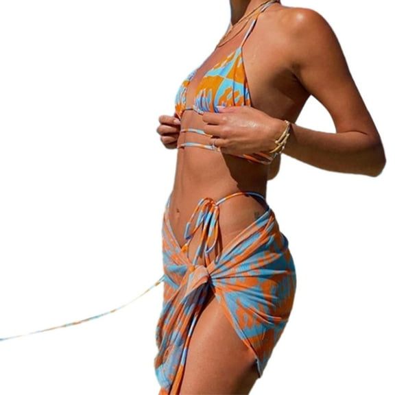 ZUARFY Womens Sexy 3 Piece Contrast Color Plaid Print Bikini Set Halter String Brazilian Swimsuit with Sarong Cover Up Beach Skirt Tie Side Bottom Triangle Bathing Suit
