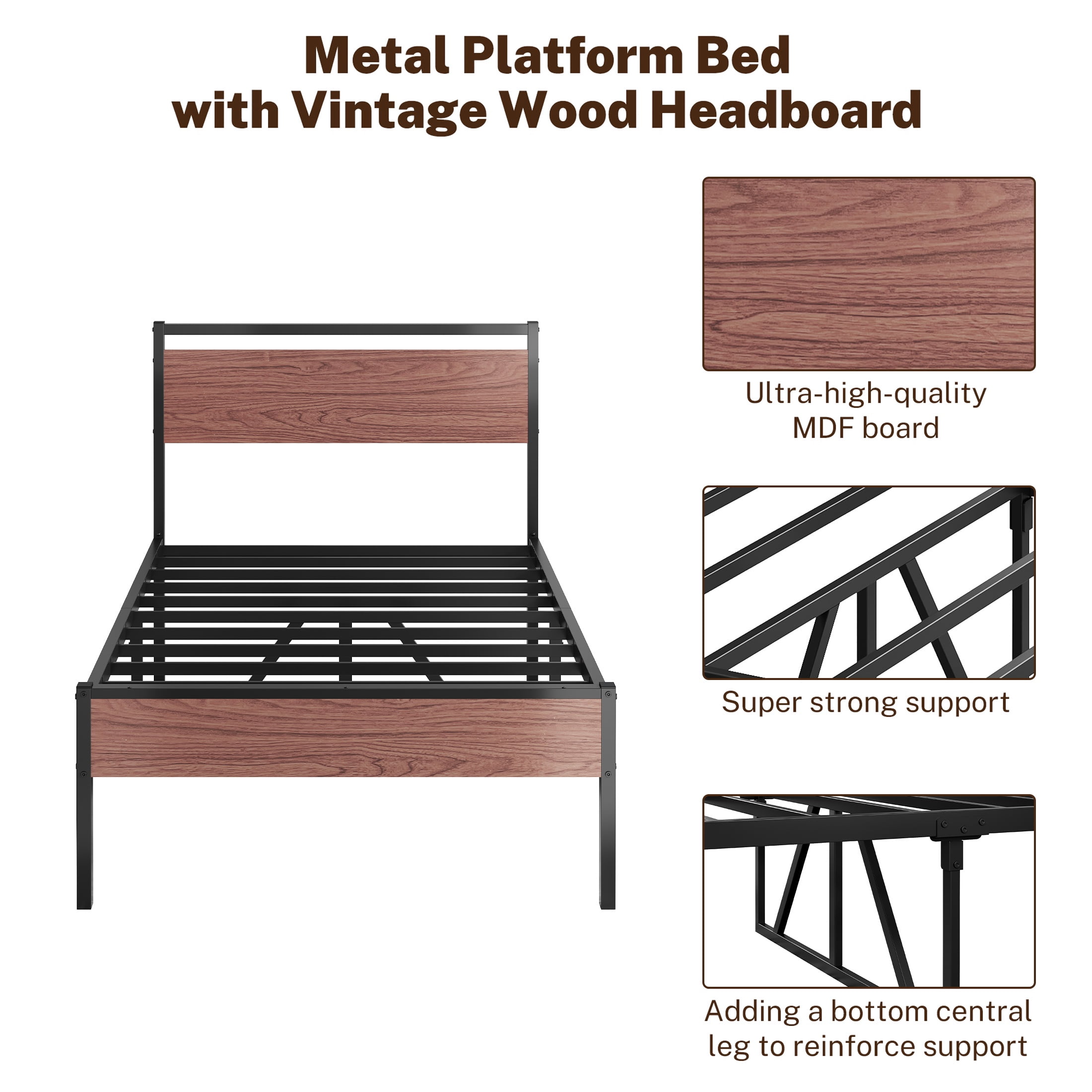PAPROOS Twin Bed Frame, Metal Twin Bed with Wooden Panel Headboard, Platform Bed with Underbed Storage, Twin Size Metal Bed Frame, No Box Spring Needed, Rustic Brown