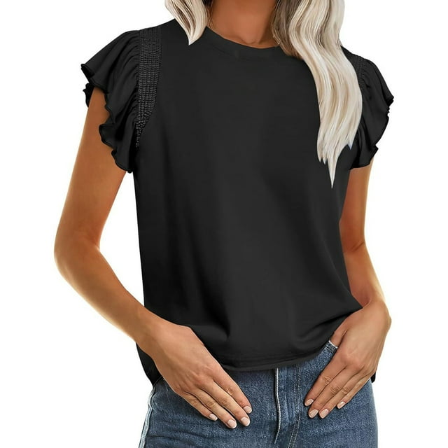 TSADFHJI T Shirts for Women Graphic Summer New Ruffle Edged Fashion Sweet and Fresh Versatile Top T Shirt M Black