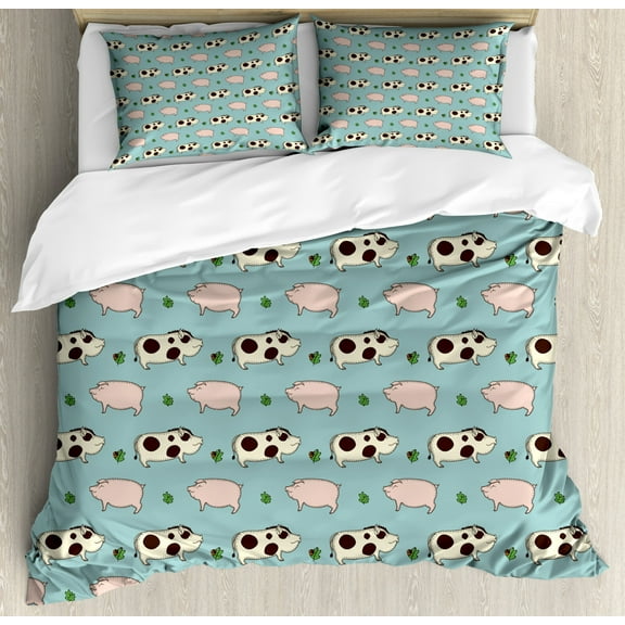 Pig Duvet Cover Set King Size, Doodle Pattern with Pig Boar and Oak Twig Figures on Blue Background in Cartoon Style, Decorative 3 Piece Bedding Set with 2 Pillow Shams, Multicolor, by Ambesonne