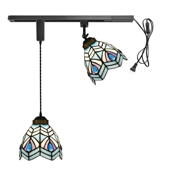 KAYYELAMP 1x Plug in Cable Track Rail, 1X Adjustable Cord, 1x Adjustable Angle Blue Glass Shade Handmade Pastoral Style Tiffany H-Type Track Lighting Fixture for Gallery Loft(No Bulb)