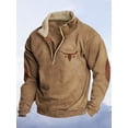 thumbnail image 2 of Men's Western Wool Jacket Denim Bull-Head Print Pullover – Quarter-Zip Stand Collar Long Sleeve Sports Sweatshirt,L,brown, 2 of 4