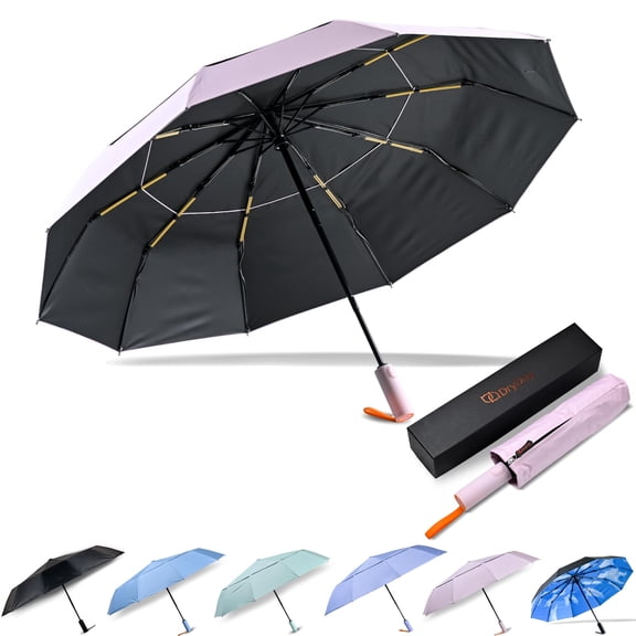 DryDay 43" Travel Umbrellas for Rain - Large Windproof Double Canopy Umbrella, 10 Durable Ribs, Strong Frame, Auto Open Close Ergonomic Handle, Compact Waterproof Umbrella for Women & Men, Pale Pink