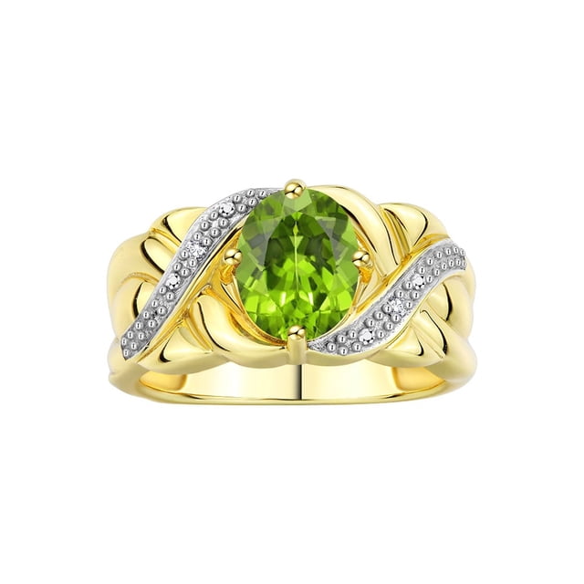RYLOS Bagues pour Femmes Bague en Or Jaune 14K Classique Pierre Précieuse Ovale 9x7 mm et Diamants Péridot d'Août Bijoux Taille 10