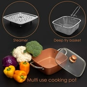 Moss & Stone 5 Pcs Copper Chef Cookware Set, 9.5” Non Stick Deep Frying Pan, Fry Basket, Steamer Rack, Dishwasher & Oven Safe, 5 Quart Deep Square Pan, Induction Copper Cookware Set - 9.5x3.5