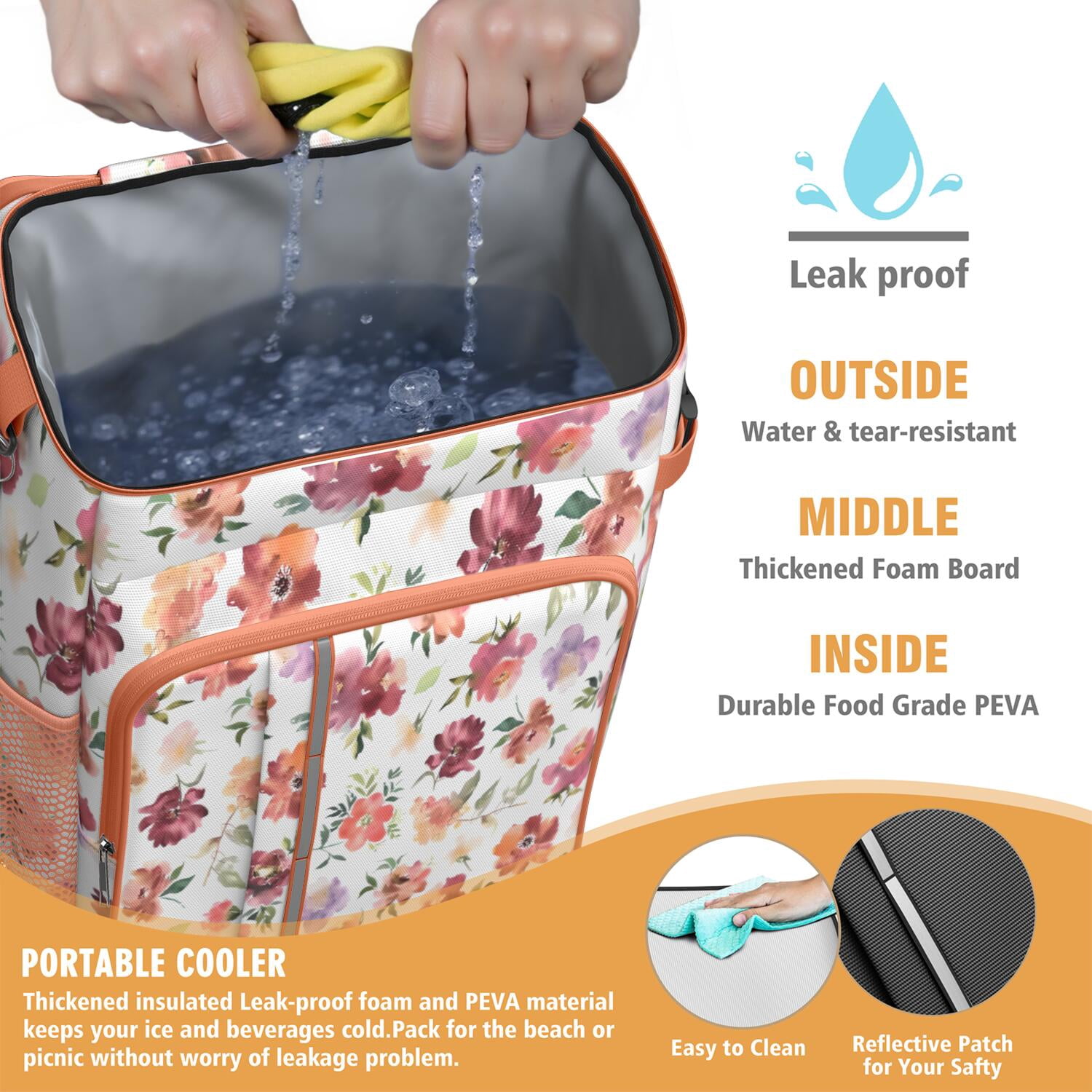 Travel Cooler Bag - Pioneer Flower Floral Print Pattern Camping Beer Cooler Backpack with Bottle Opener- Waterproof Insulated Picnic Backpacks - Cooler Bag for Beach