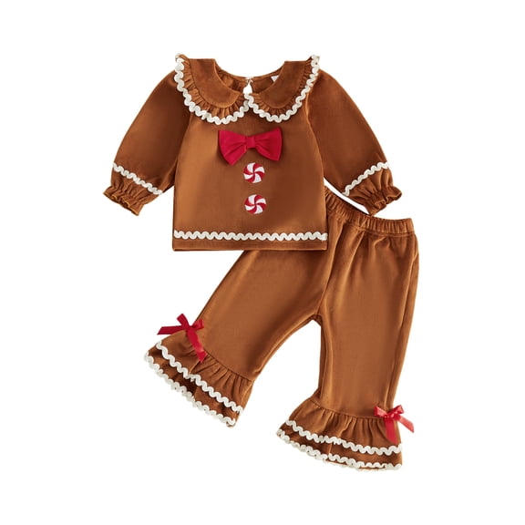 RUINIXCW Toddler Baby Girl Christmas Gingerbread Outfit Infant Girl Fall Winter Warm Clothes Plush Peter Pan Collar Long Sleeve Shirt Tops Pants Set