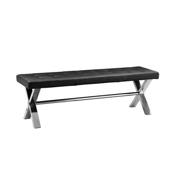 Benjara 55 Inch Bench, Tufted Cushioned Seat, Smooth Black Faux Leather Upholstery