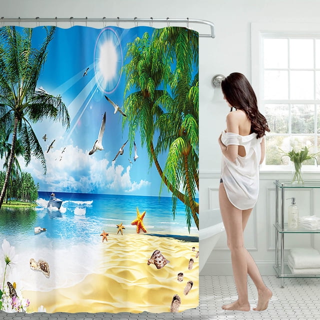 Hbdhejl Ocean Beach Print Shower Curtain 70X70 Inch With 12 Plastic Hooks Waterproof Shower Curtain Bathroom Heavy Side Shower Curtain Machine Washable Quick Dry