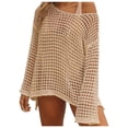 thumbnail image 2 of Lixiuxyad Womens Summer Scoop Neck Short Sleeve Sweater Casual Crochet Hollow Out Knit Tops Pullover Shirts Beach Cover Up Casual Summer,Beige L, 2 of 7