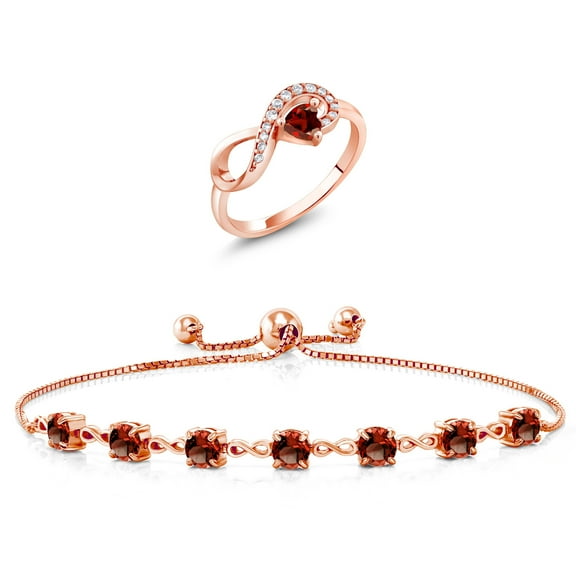 Gem Stone King 18K Rose Gold Plated Silver Red Garnet Ring and Bracelet Jewelry Set for Women | 4.00 Cttw | Gemstone January Birthstone | Heart Shape 4MM | Round 4.5MM | Size 8