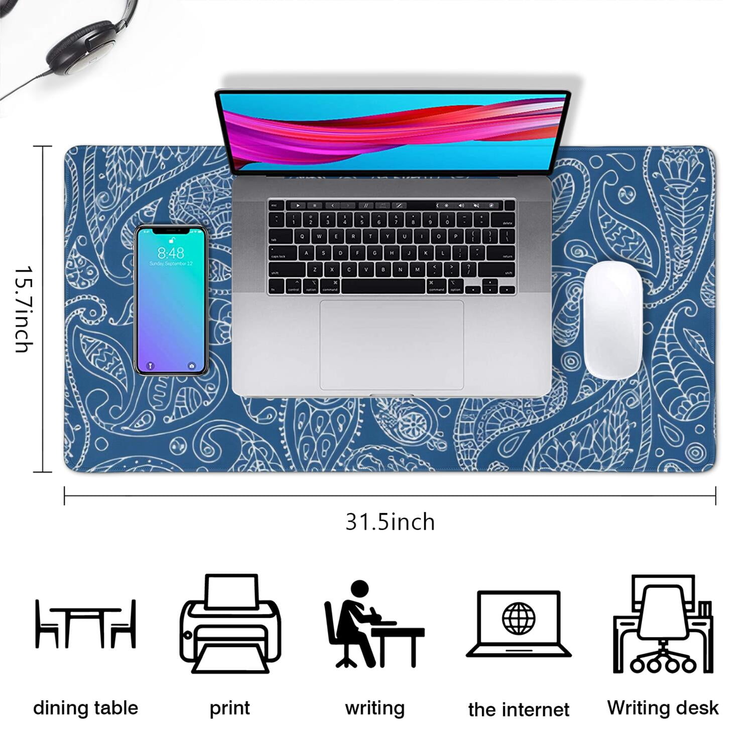 Long Mouse Pads for Desk,Blue Pioneer Flower and Paisley Pattern Desk Mats on Top Of Desks, Desk Mouse Pad Extra Large with 3mm Non-Slip Base and Stitched Edge for Gaming,Office,Work,Home 31.5"x15.7"