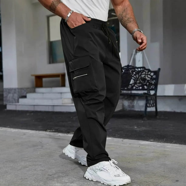 Pantalones largos para hombre, primavera y verano, color liso, bolsillos, color liso, cordón ajustable, ropa de trabajo, pantalones deportivos e informales, pantalones de poliéster para hombre.