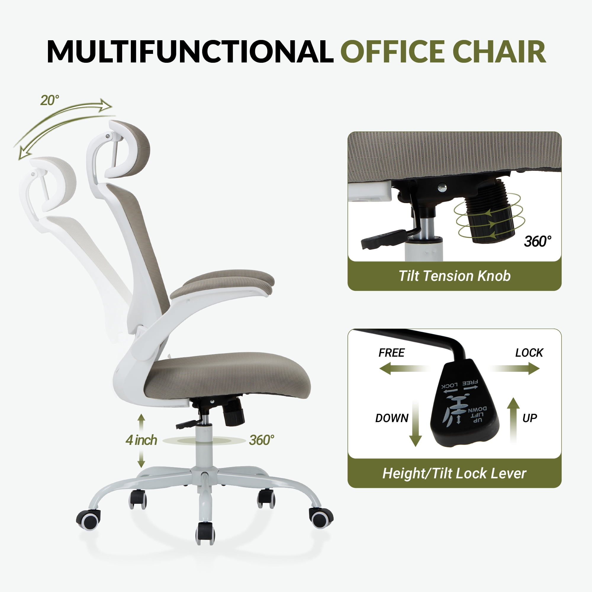 AFO High Back Ergonomic Office Chair, Adjustable Lumbar Support & Headrest Mesh Desk Chair with Flip-Up Arms, 275lbs Heavy Duty Metal Base Computer Task Chair for Home Office, Khaki