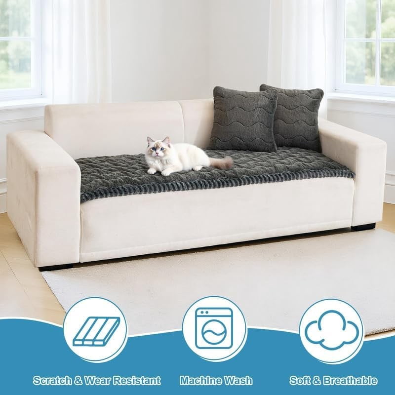 Topchances Fuzzy Couch Covers, Faux Mink Wavy Sofa Slipcover Mat for Pets,  Anti-Slip Furniture Protector Pet Bed Mat for Dogs Cats (Dark Gray, 28''x59'')