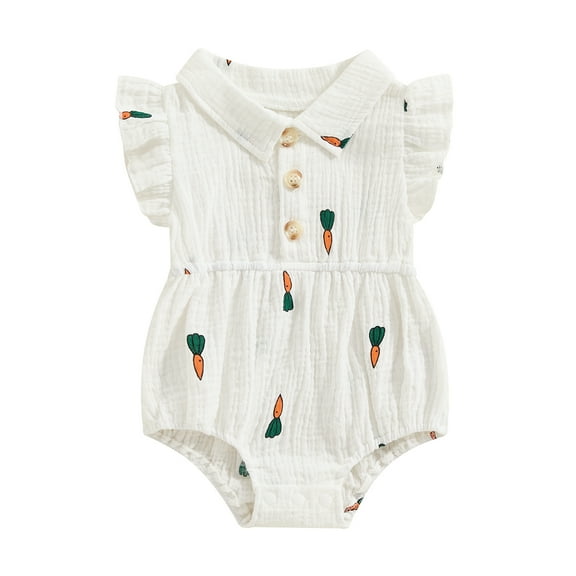 Aojekbee Baby Girl Summer Romper Fly Sleeve Carrot Print Button Front Bodysuit Newborn Playsuit