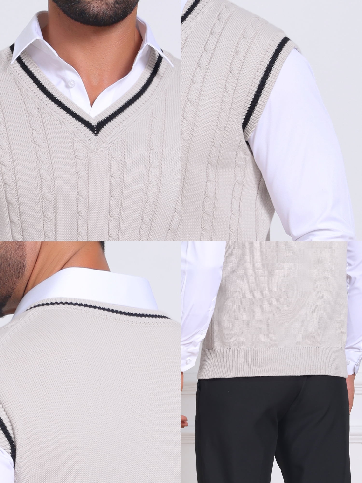 DARING DIVA Men's Solid Color V-Neck Sleeveless Cable Knitted Sweater Vest XL Beige