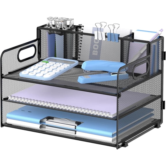 INTIGE 3 Tier Desk File Organizer with Handle and Pen Holder, Metal Mesh Paper Organizer, Black, 1 Piece