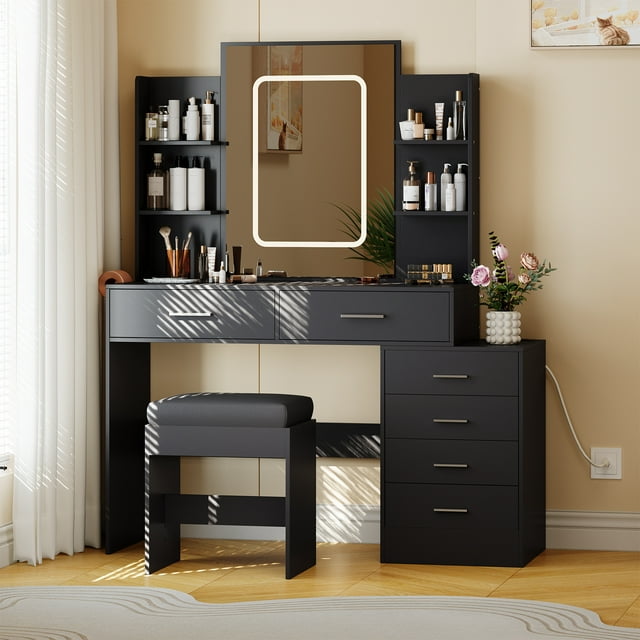CazToi LED Vanity Desk Makeup Table with Drawers Mirror Stool & Charging Station