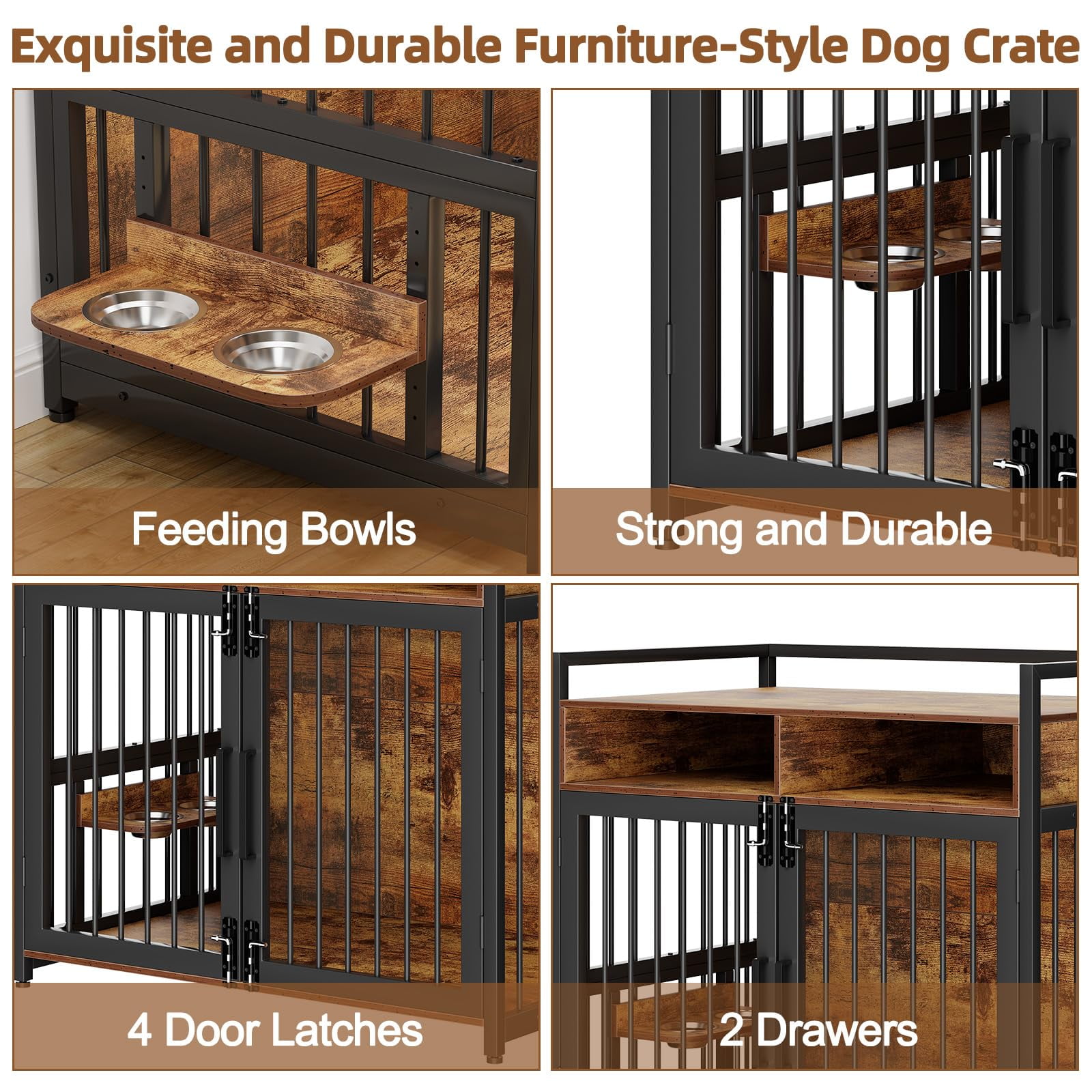 Aoile Large Dog Crate Furniture with 2 Storage Shelves, 41/48" Wooden Indoor Pet Cage, Stylish and Durable for Medium Dogs, Easy Assembly