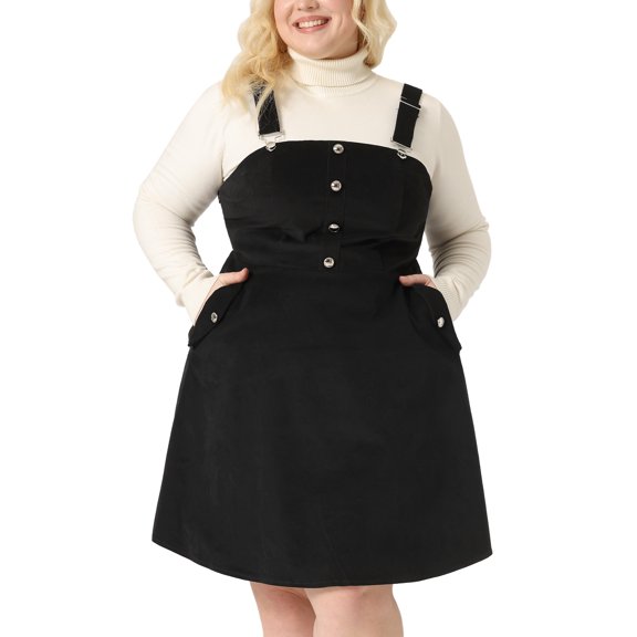 Unique Bargains Women's Plus Size Corduroy Pinafore Overall Dress Suspender Skirt 1X Black