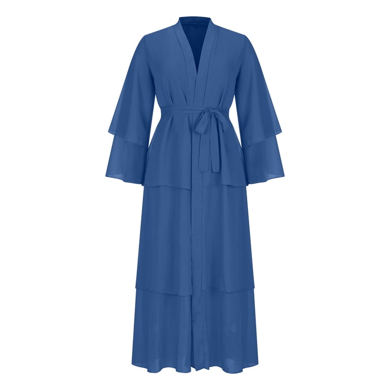 Women Chiffon Dresses Open Front Cardigan Maxi Long Dress Loose Solid Color Plus Size Long Sleeve V-neck Dress Belt Dress