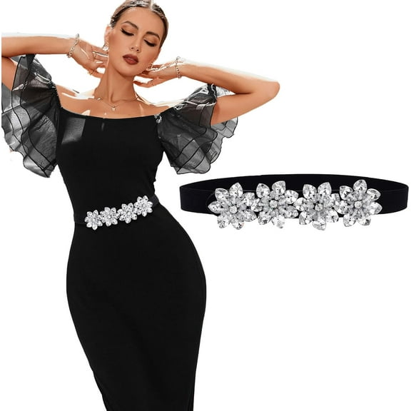 Black Stretch Belt Rhinestone Skinny Belts Crystal Waist Belt Cinch Belt for Women