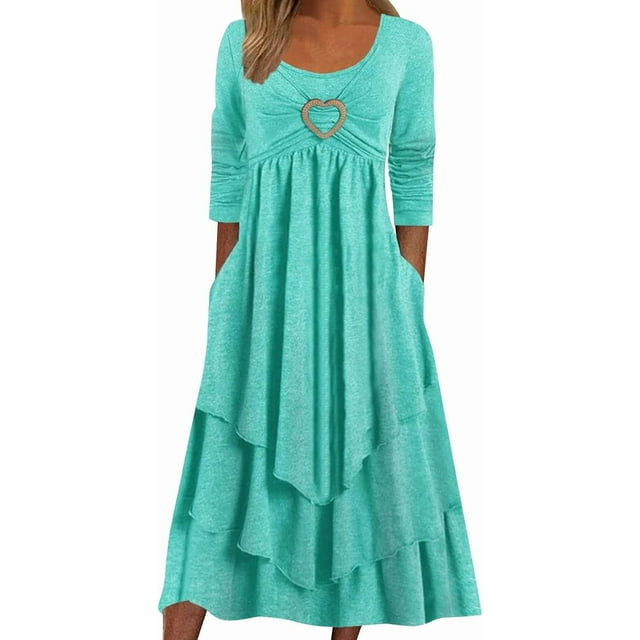 Robes de Printemps pour Femmes Décontractées Manches 3/4 Longue Robe Évasée Basique Plage Vacances Travail Maxi Robe 2025