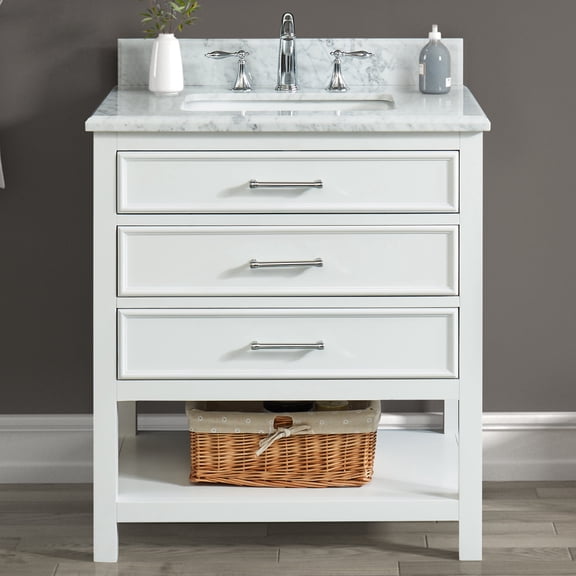 Manhattan 30" Single Bathroom Vanity, 31" W x 22" D x 34.5" H, Carrara Marble Top with Sink & Backsplash, Dove White, Solid Wood, Pre-Assembled, 3 Soft-Close Drawers, 1 Shelf