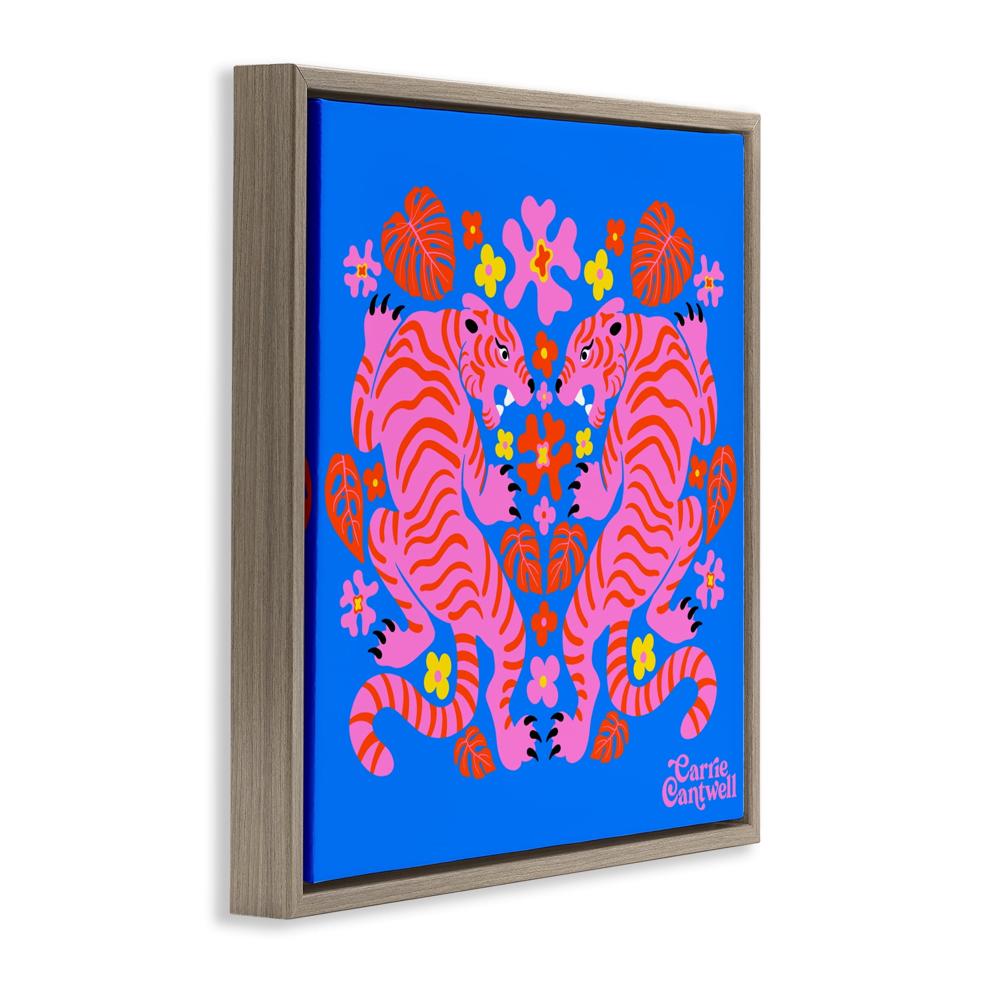 Stupell Industries Pink Tigers and Monstera Brown Framed Floater Canvas Wall Art, design by Carrie Cantwell