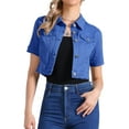 thumbnail image 1 of CHAQUETA DE MEZCLILLA RECORTADA PARA MUJER INSPIRE CHIC, MANGAS CORTAS, CIERRE FRONTAL CON BOTONES, TALLA XS, AZUL REAL, 1 of 6