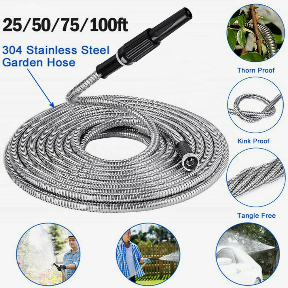 25/50/75FT Stainless Steel Garden Hose Water Flexible Hose Spray Nozzle Stronger 