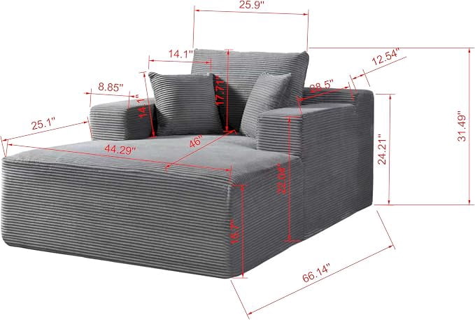 US Pride Chaise Lounge Chair Indoor – Oversized Corduroy Couch with Wide Armrest & Throw Pillows